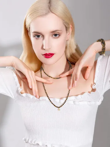Vista 2 de Firstmeet Stone Necklace Long Agate Beads Chain Round Smooth Bracelet Jewelry for Women