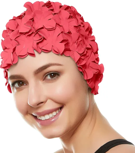 Vista 6 de Gorro de baño floral de pétalo para damas BEEMO, gorra de natación retro para mujeres, pelo largo/corto