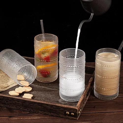 Vista 2 de Juego de 15 vasos de hobnail de 16 onzas / 16.2 fl oz vintage con pajitas, tazas gruesas en relieve para agua, café helado, jugo, cócteles, cocina