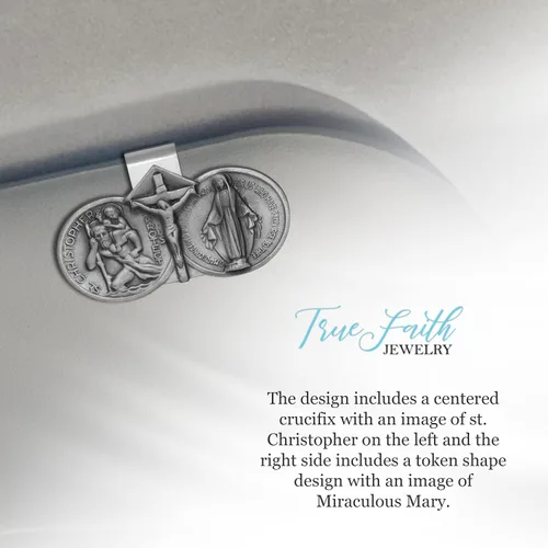 Vista 4 de True Faith Jewelry Jesús Crucificado de Estaño, María Milagrosa y San Cristóbal Clip de Visera para Auto, Santo Patrón de Viajeros, Regalo