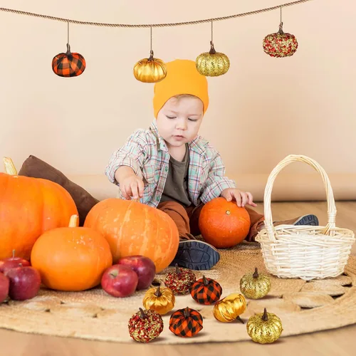 Vista 2 de Sotiff 12 adornos para árbol de Acción de Gracias, adornos colgantes de calabaza, bolas de espuma con purpurina, envueltas en tela, pequeñas