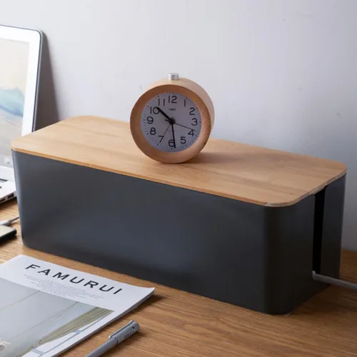 Vista 5 de Toyvian Cable Storage Box Power Line Manager with Natural Wood Lid, Medium Black Charging Cable Organizer for Home and Office Cord Management
