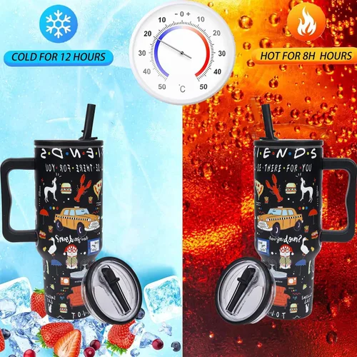 Vista 3 de Vaso de acero inoxidable de 40 onzas con tapa y pajita, regalos divertidos para programas de televisión, taza de café, taza de café aislada de doble