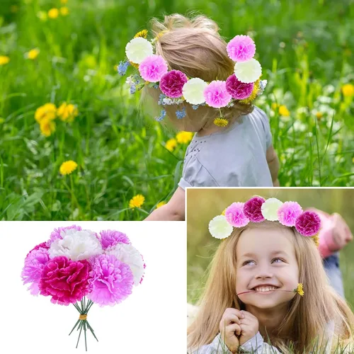 Vista 3 de Paquete de 120 claveles artificiales con tallos, cabezas de flores de caléndula artificiales, flor eterna, pompones artificiales de seda para fiesta