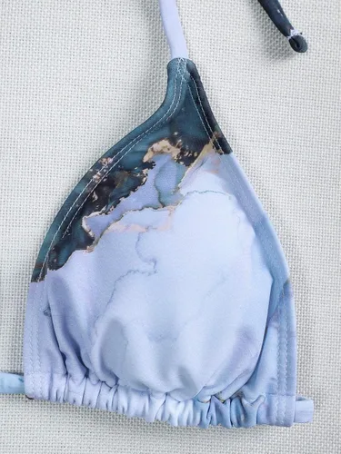 Vista 4 de OYOANGLE Bikini triangular con estampado gráfico para mujer, parte superior de traje de baño con lazo en la espalda