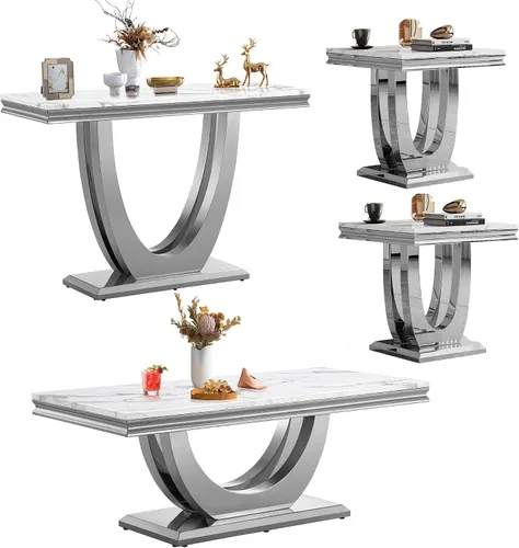 Vista 30 de SSLine Moderna mesa de centro de 1 pieza para sala de estar, mesa de centro de lujo de mármol sintético con patas de acero inoxidable en forma de S