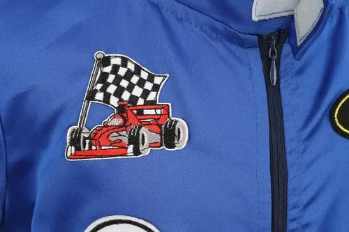 Vista 4 de LMYOVE Disfraz de piloto de coche de carreras para niños y niñas, disfraz de Halloween, disfraz de corredor y gorra de coche para niños de 3 a 9 años