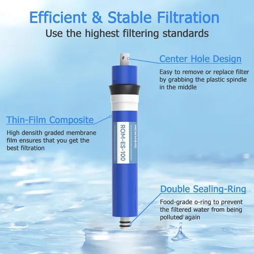 Vista 5 de Filtro de membrana RO de 100 GPD con carcasa, membrana de ósmosis inversa de repuesto, para el hogar, debajo del fregadero, filtro de agua potable