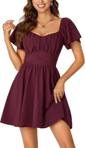 Vista 25 de Rooscier Minivestido acampanado de manga corta con volantes, cuello cuadrado, envolvente y espalda anudada para mujer