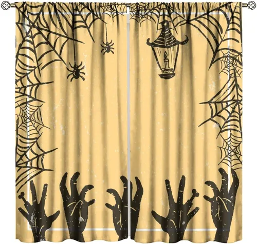 Vista 22 de Cortinas opacas de tela de araña aterradora para niños, tela de araña en blanco y negro, fondo rojo, dormitorio de niños, guardería, decoración