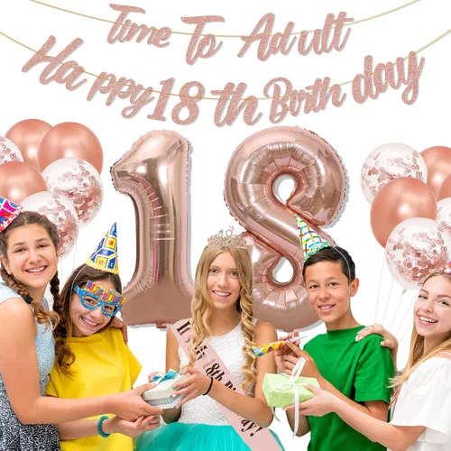 Vista 6 de Decoraciones de cumpleaños número 18 de oro rosa para niñas, pancarta de cumpleaños número 18, banda de cumpleaños 18, tiara de 40 pulgadas, número