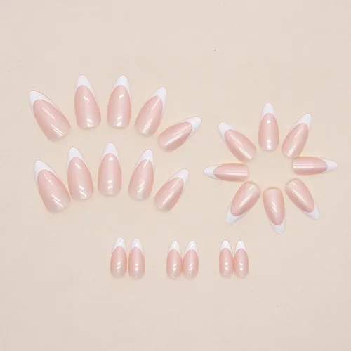 Vista 3 de Uñas postizas largas a presión de almendra, uñas postizas Aurora con punta francesa, 24 unidades, naturales, brillantes, cobertura completa
