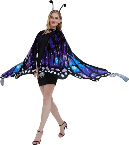 Vista 5 de Alas de mariposa para mujer, disfraces de Halloween, alas de hada, tela suave para adultos, con máscara facial para fiesta, accesorio personalizado..