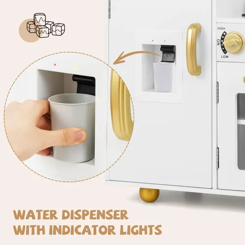 Vista 6 de INFANS Juego de cocina para niños, juego de cocina de madera con luz y sonido realistas, estufa, fregadero, microondas, armario de almacenamiento