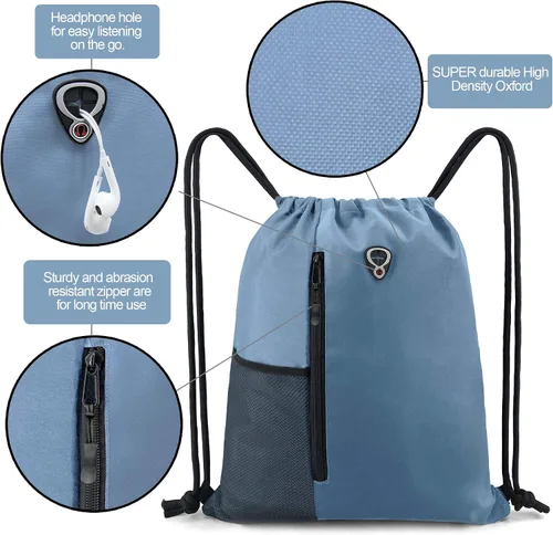 Vista 4 de Mochila con cordón, con estilo deportivo, bolsa de gimnasio para mujeres, hombres y niños, bolsa de gran tamaño con zíper y bolsillos de malla