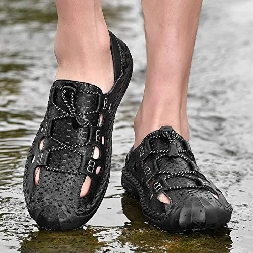 Vista 7 de DZUJY Sandalias Hombre Pantuflas para hombres Chanclas para hombre Zapatos de verano con punta cerrada de cuero transpirable al aire libre Zapatos