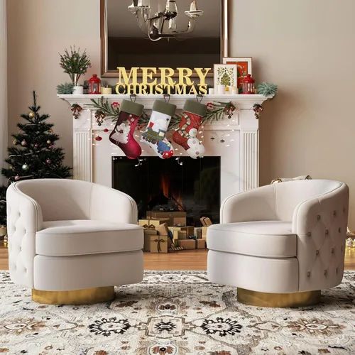 Vista 4 de Hyfirm Silla de Acento Moderna, Sillón Giratorio Tipo Barril para Sala de Estar, Sillas Cómodas de Terciopelo con Botones Capitoné, Sofá Individual