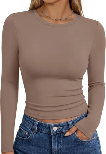 Vista 7 de Trendy Queen Camisetas de manga larga para mujer, camisetas básicas de Verde militar