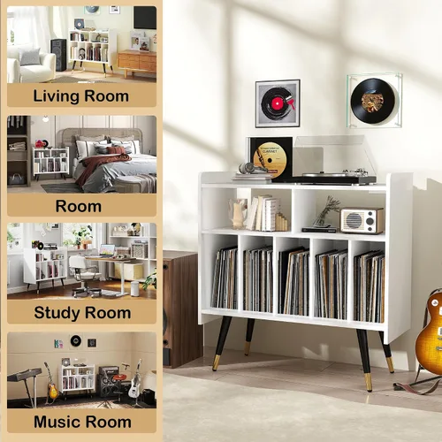 Vista 6 de White Record Player Stand with Vinyl Storage: Large Record Player Table Holds up to 200 Albums, Tall Turntables for Vinyl Records, Wood Turntable