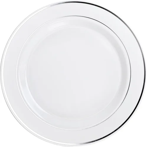 Vista 9 de Platos de plástico desechables Occasions para fiestas de boda (120 unidades), plateado, blanco (White / Silver Rim)