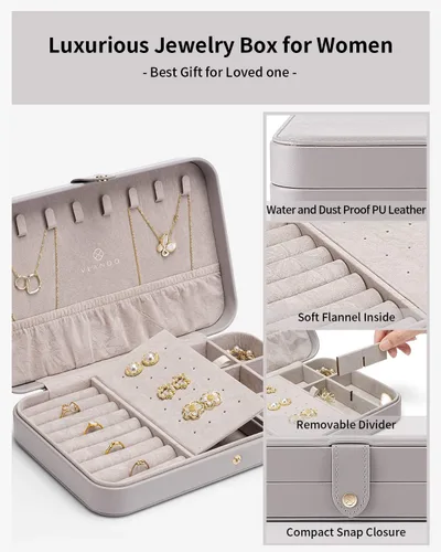 Vista 3 de Vlando Joyero de viaje para mujer, caja organizadora de joyas de cuero portátil para collares, aretes, anillos, pulseras, tamaño pequeño, regalos