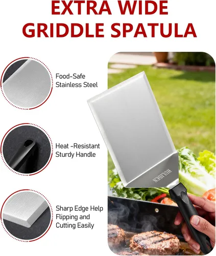 Vista 4 de HULISEN Espátula grande de acero inoxidable para parrilla, espátula de metal resistente de 6 x 5 pulgadas con bordes de corte, accesorios