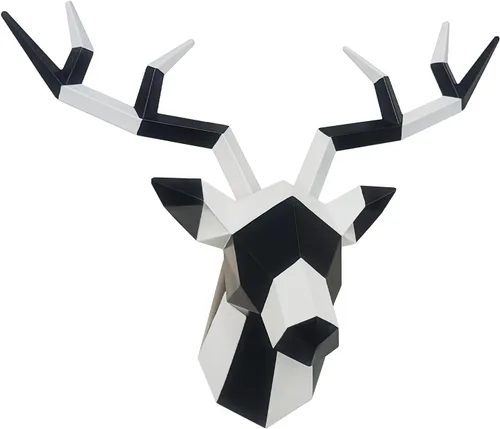 Vista 9 de Keygift Decoración de pared geométrica de cabeza de ciervo negro y cobre, resina de taxidermia sintética, cabeza de animal, montaje en pared