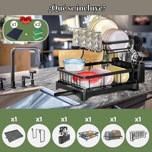 Vista 6 de DINEST Escurridor de platos de 2 niveles con escurridor, escurridor de platos de hierro resistente a la corrosión con boquilla giratoria de 270°