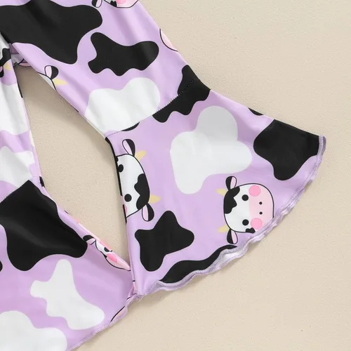 Vista 76 de fhutpw Conjunto de camiseta de manga corta con estampado de vaca y pantalones acampanados de dibujos animados para niñas