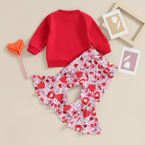 Vista 4 de Kayotuas Conjunto de sudadera de manga larga con estampado de corazón dulce y pantalones acampanados para bebés y niñas pequeñas Daddys Valentien