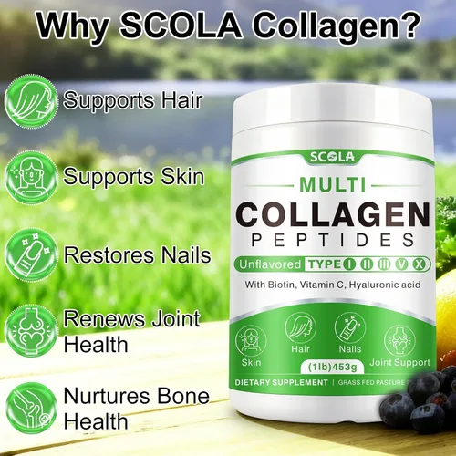 Vista 2 de SCOLA Péptidos de colágeno en polvo - Tipo I, II, III, V, X - Péptidos de colágeno hidrolizados con vitamina C ácido hialurónico, apoya la piel