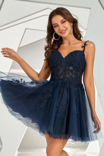 Vista 3 de SYYS Vestido de fiesta corto de tul floral con apliques de encaje de diamantes de imitación 2024 ilusión SYYS349, EsmeraldaSólidos
