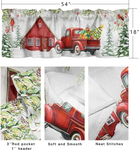 Vista 4 de Paquete de 2 cenefas cardenales rojas para dormitorio, sala de estar, diseño de camión rojo con texto en inglés "Merry Christmas", cortinas romanas