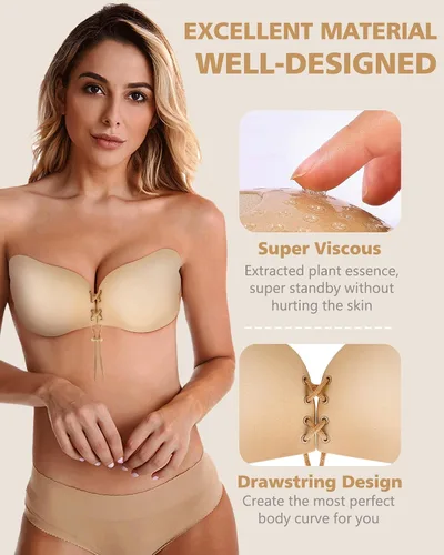 Vista 3 de Sticky Bra, Backless Strapless Bra Push Up, Adhesive Invisible Lift Up Bras 2 Pairs
