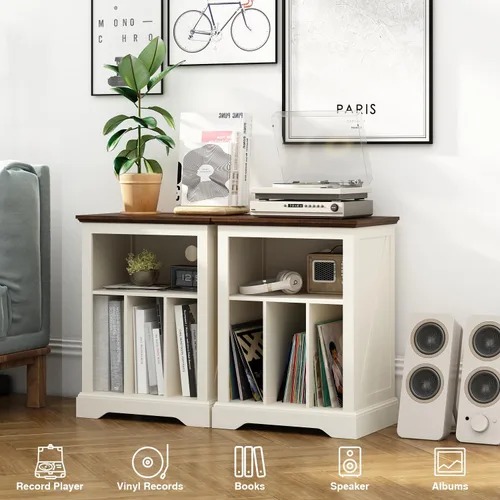 Vista 2 de Soporte de tocadiscos estilo granja, mesa auxiliar de 3 niveles, soporte para tocadiscos con almacenamiento para discos de vinilo, gabinete