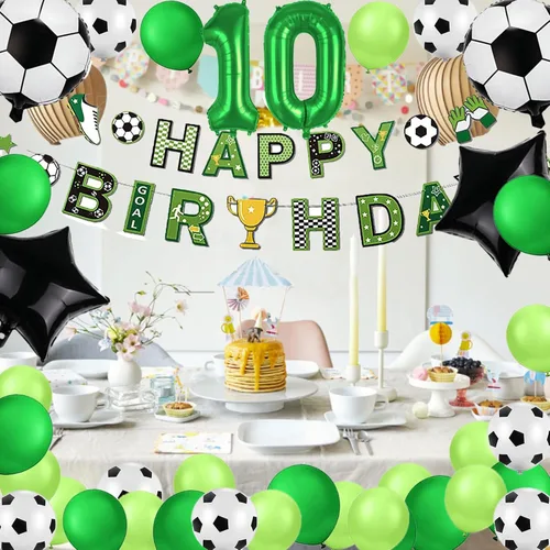Vista 7 de Decoraciones de fiesta de cumpleaños número 10 para niños, decoraciones de fiesta de cumpleaños de fútbol, pancarta de feliz cumpleaños, suministros