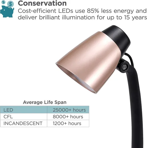 Vista 5 de PureOptics LED Lámpara de escritorio LED moderna, 3.5W, oro rosa (VLED1814-BD)