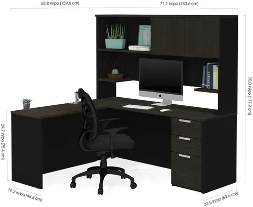 Vista 3 de Bestar Pro-Concept Plus - Escritorio en forma de L de 72 W con pedestal y gabinete en gris oscuro y negro With Pedestal and Hutch; with Narrow