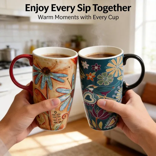 Vista 9 de Topadorn Taza de café de cerámica alta de viaje de 17 onzas con tapa sellada, juego de 2 Colorido diseño floral y de pájaros, apto para microondas