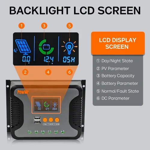 Vista 2 de PowMr controlador de carga solar PWM de 30A, 12V 24V 36V 48V Auto, pantalla LCD y salida USB dual, apto para baterías AGM, Gel, FLD, de plomo-ácido
