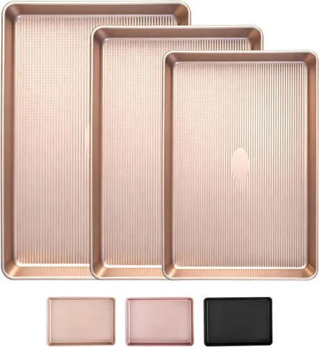 Vista 9 de Sakerplus Juego de 3 bandejas antiadherentes para hornear, resistentes para horno con patrón de textura de rayas, 0.024 in de grosor