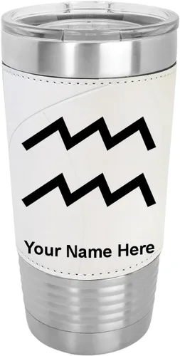 Vista 8 de LaserGram Vaso aislado al vacío de 20 onzas, signo del zodiaco, acuario, grabado personalizado incluido (cuero sintético, estilo béisbol)