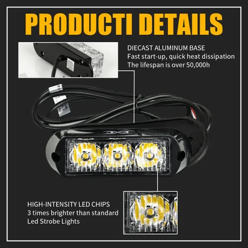 Vista 4 de Purishion - 3 Luces estroboscópicas LED de emergencia, impermeables, color ámbar, 12 diferentes intermitentes para automóvil, SUV, camioneta