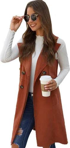 Vista 3 de GORGLITTER Chaleco largo sin mangas con frente abierto para mujer, chaquetas con cuello, cárdigans de línea larga
