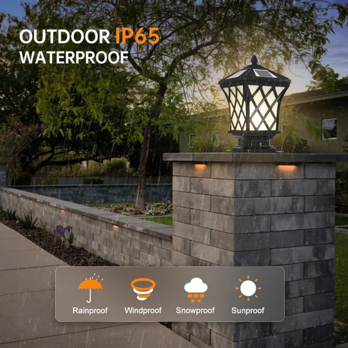 Vista 5 de Lámpara LED solar para poste con tapa de poste, luces de pilar regulables para exteriores, IP65, impermeable, luz de poste negra, luz de columna