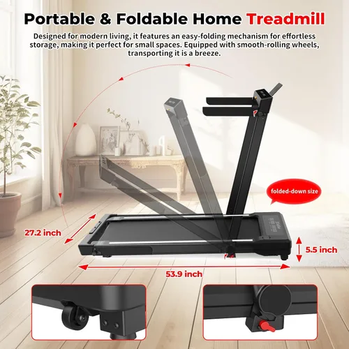 Vista 2 de SubSun Foldable Treadmill for Home, Portable Walking Pad with Handle, Manuall/Auto/No Incline, 2.5HP Treadmill with 265 Lbs, Black/White