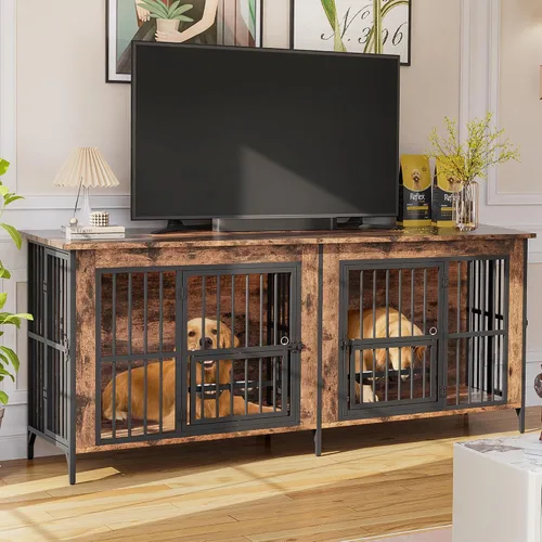 Vista 6 de Grepatio Mueble de jaula para perros de 79 pulgadas para 2 perros, perrera grande con cuencos giratorios de 360°, jaulas dobles para perros con 4