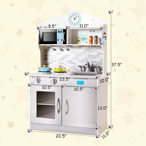 Vista 7 de ARLIME Juego de cocina para niños, cocina de juguete de madera con fregadero extraíble, microondas, utensilios de cocina, armario de almacenamiento