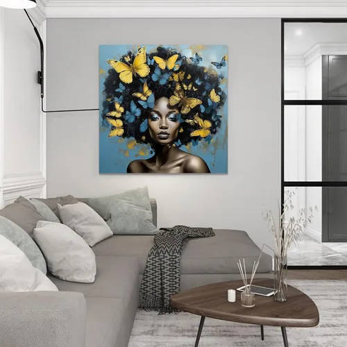 Vista 4 de CCWACPP Lienzo africano americano para pared, diseño de mujeres negras y azules y doradas, pintura de mariposas y mujeres africanas para decoración