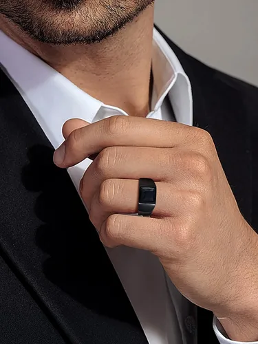 Vista 2 de U7 Anillo de joyería de moda de ónix negroazul para hombres y mujeres, anillos de sello cuadrado de acero inoxidable para papá y padre, anillos